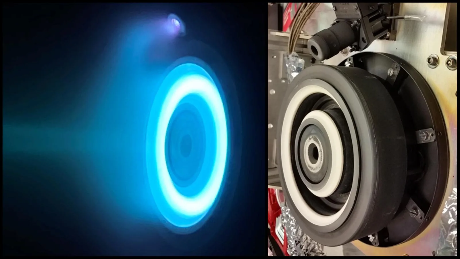 A blue electric Hall thruster firing during a NASA test
